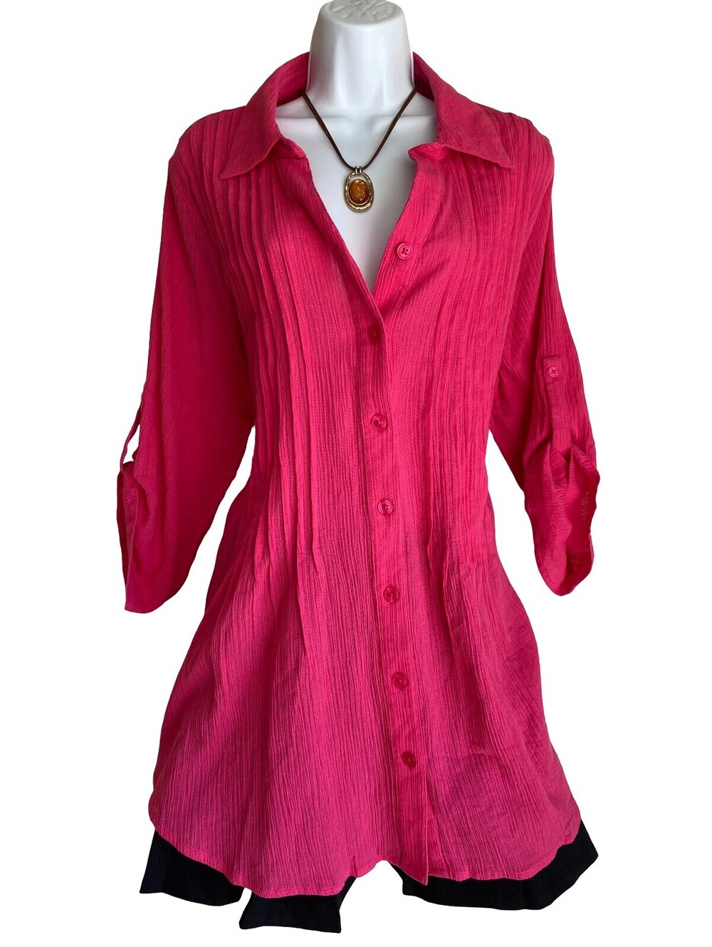 Vintage Woman Within Plus 2X Pink Pintuck Button Up Tunic Blouse Boho Indie